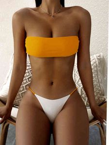 European And American Gathered Yellow Contrast Sports Style One Size Fashion Bra Sexy Swimsuit 220106