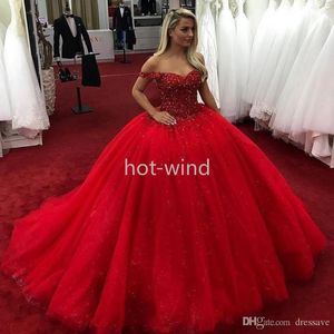 Red Ball Gown Quinceanera Dresses Elegant Off the Shoulder Beaded Crystals Lace Up Sweet Prom Dresses vestidos de festa EE