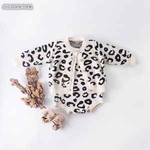 Herbst Leopard Gestrickte Kleidung Neugeborenes Mädchen Baumwolle Baby Strickjacke Pullover Strampler Overall 201027