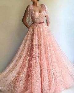 Lanteira de lanteira cor-de-rosa rosa muçulmana vestido formal 2022 mangas curtas Dubai vestidos de baile vestido longo roupão de soirée de mariage bes121