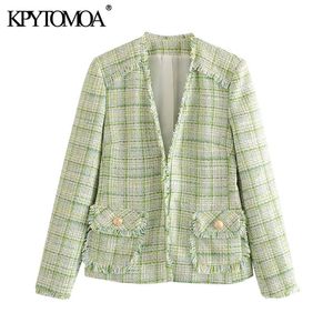 KPYTOMOA Frauen Mode Büro Tragen Ausgefranste Trims Tweed Blazer Mantel Vintage Langarm Taschen Weibliche Oberbekleidung Chic Tops 201201