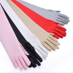 Otoño Invierno guantes largos mitones de mujer moda colores sólidos mujer satén ópera fiesta de noche traje de graduación Glove1