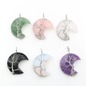 Natural Crystal Pendant Tree of Life Moon Shape Reiki Polished Mineral Jewelry Healing Stone For Men Women smycken gåva249t