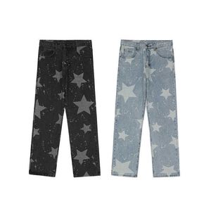 Calças de brim dos homens High Street Hip Hop Star Imprimir Solto Casual Jeans Papants Pants