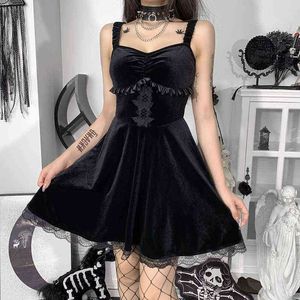 Dark Style Velvet Lace Straps Dress women School Girls Spring Summer American New Suede Skirt Dress Women Young SXHLYQ481 Y220214