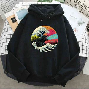 The Great Wave Stampa Felpe Uomo Donna Casual Allentato In Pile Caldo Pullover Con Cappuccio Giappone Anime Harajuku Vintage Tasche Streetwear H1227