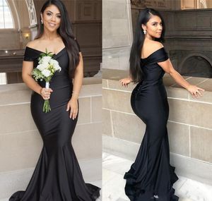 Black Mermaid Long Bridesmaid Dresses Plus Size Off The Shoulder Ruched Floor length Garden Maid of Honor Wedding Party Guest Gown205e