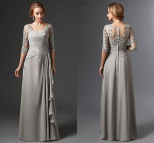 Neues Silber 2021 Kleider für die Brautmutter, A-Linie, 3/4-Ärmel, Chiffon, Spitze, Übergröße, lang, elegant, Bräutigam, Mutterkleider, Hochzeit, Party