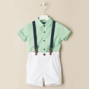 여름 아기 소년 새로운 세트 어린이 짧은 소매 탑 셔츠 + 서스펜더 반바지 2pcs 세트 어린이 복장 의류 정장