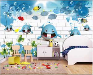 wallpaper foto personalizada para paredes murais 3d bonito tijolo Cartoon Recados tubarão 3D tubarão bela sala de murais papéis de parede para crianças decoração