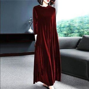 6XL Plus Size Luźne Czerwony Velvet Casual Elegancka Maxi Sukienka Jesień Zima Solidna Rocznika Midi Dress Bodycon Długi Rękaw Vestido 201125