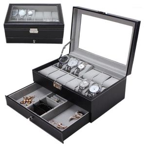 New 12 Grids Slots Double Layers PU Leather Watch Storage Box Professional Watch Case Rings Bracelet Organizer Box Holder1247C