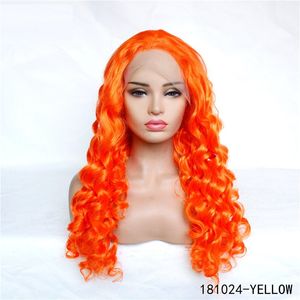 Orange färg stor lockig syntetisk simulering mänskliga hår spets fram peruker perruques de cheveux funeins 181024-gul #