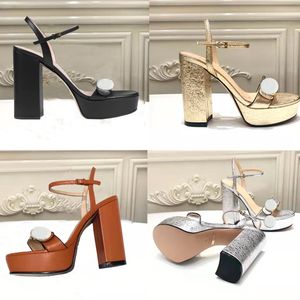 Classic High heeled sandals party 100% leather women Dance shoe designer sexy heels 10cm Suede Lady Metal Belt buckle Thick Heel Womans shoes Large size 35-41-42 on Sale