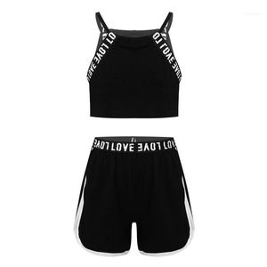 Running Sets Barnkläder Barnflickor 2 st SPORT SPOT Brev Ärmlös Kort Fitness Dancing Top och Shorts Andningsbar Sommar Tracksiu