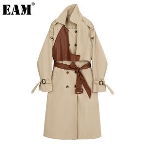 [EAM] Trench lungo da donna in pelle color kaki di grandi dimensioni Nuovo bavero manica lunga vestibilità ampia giacca a vento moda primavera autunno 1DC222 201110