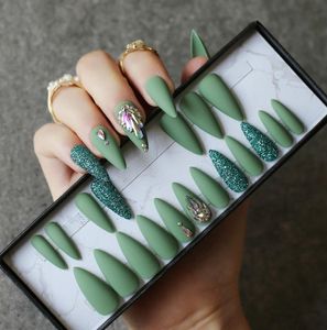 Glitter Ongles Pleine Set achat en gros de Olive Green Salon Stiletto Faux Nails DIY Crystal Glitter Faux Nails Full Set Appuyez sur la case personnalisée
