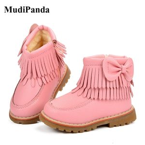 Mudipanda Wints Girls Snow Boots Children Leather Princess Buty Ciepłe Ankle Boot 2020 New Fashion Bowknot Fringe Plus Velvet LJ201201