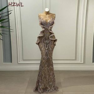 Pesado Beading Sheer Pescoço Evening vestidos 2021 Primavera mangas Ruched Mermaid ver através Prom Vestidos Custom Made Robe De Soiree