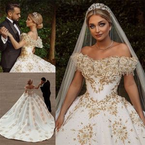 Gold Kristall Ballkleid Brautkleider Luxus Dubai Chic Applizierte Spitze Brautkleid Geraffter Satin Wunderschöne Hofschleppe Roben De Mari￩e