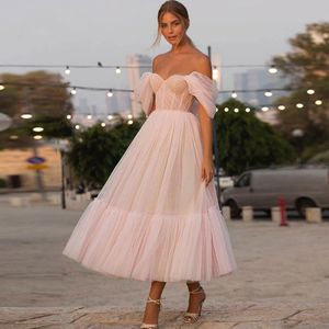 Vintage Light Pink Tea Length Prom Dresses Off The Shoulder A Line Long Formal Party Gowns Corset Tulle Evening Dress For Women Girls Engagement Special Occasion Wear