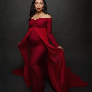 Shoulderless Long Sleeve Pregnancy Dress Photography Props Maternity Maxi Gown Dresses For Photo Shoot Pregnant Women Clothes LJ201123