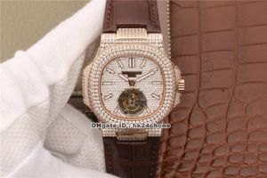 R8F Nautilus 5711 Rose Gold Completo Diamantes Real Tourbillon Mecânica Mão-Enrolamento Mens Assista Diamante Dial De Couro Gents Sports Watches