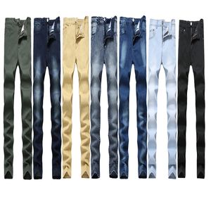 Jeans masculinos homens 6 cores estendem reto retro fino moda calças jeans rasgado motocicleta de lápis afligido