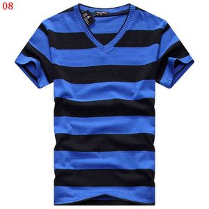 Mwoiiowm 2021 Man V-Neck Tees Toppar Mäns Kortärmad Tshirt Man Bomull Striped T Shirts Mens Kläder Multi Storlek G1222