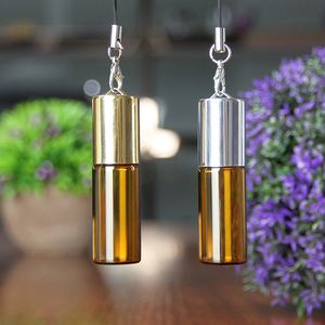 Amber Empty Glass Pendant Sample Perfume Bottle with Steel Roller Ball&Glass Vials Small Promotion Oil Bottle