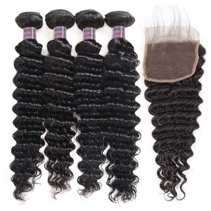 28inch Deep Curly Extensions Loose 3/4pcs Lace Straight Water Wave Virgin Human Hair Bundles With Closure