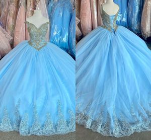 Guld baeded kristall prom söt 16 klänningar tjejer himmel blå tulle v-neck applique corset tillbaka quinceanera klänning vestidos de festia party