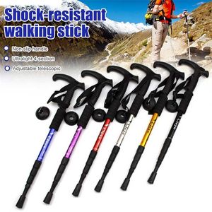 Anti Shock Trekking Pole Ultralight Walking Sticks Adjustable Hiking Canes Telescopic Crutch 4 Section Camping Tools 220104