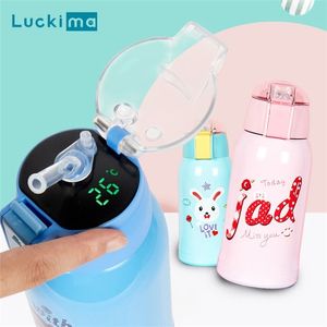 Wholesale thermos warmer resale online - 500ml Cartoon Smart Temperature Display Thermos Cup Portable Pressing Straw Style Water Bottle Keep Warm Cold hours for Baby