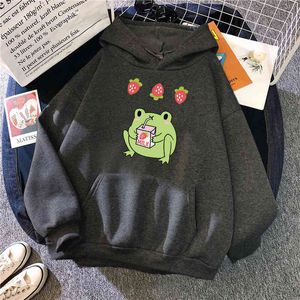 Strawberry And Frog Print Man Sweatshirt Hoodie Fleece Oversize Hooded Clothes Mens Cartoons Fashion Oversize Hip Hop Sweatshirt H1227