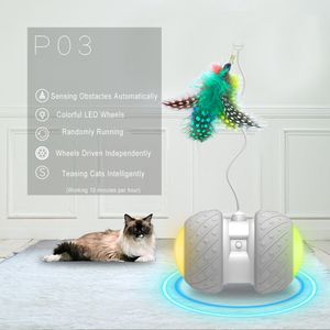 Electronic Pet Cat Toy Smart Automatic Cat Teaser with LED Wheels Rechargeable Flash Rolling Colorful Light Cat Sticker LJ201125