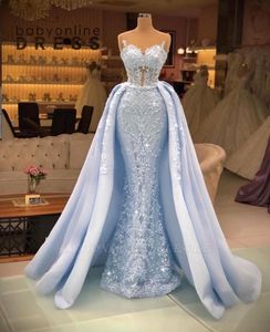 Fantastisk Light Sky Blue Mermaid Prom -klänningar med löstagbar kjol Sexig backless Sweetheart Illusion Applices Pärlor paljetter Långt tillfälle Kvällsklänningar BC10911
