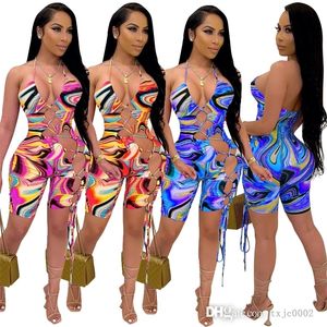 Sexig One Pieces Summer Playsuit för Women Bandage Strap Tie Dye Hollow Out Digital Utskrift Jumpsuit