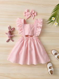 Kleinkind Girls Gingham Rüschenverkleidung Gesamtkleid Stirnband Sie