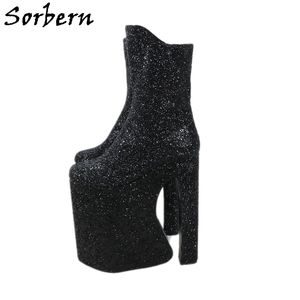 Sorbern 26CM كتلة كعب أحذية النساء الترتر الأسود بريق الأحذية الكعب مكتنزة لسحب الملكة صنم كروسدريسرز