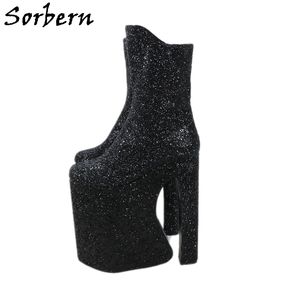 SORBERN 26CMブロックヒールブーツ女性ブラックスパンコールグリッターチャンキーヒールシューズドラッグクイーンフェチクロスドレス