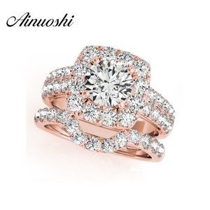 Ainuoshi 925 Sterling Silver Rose Gold Color Women Ring Set 1Ct Round Cut Engagement Wedding Anniversary Halo Ring Set Smycken Y200106