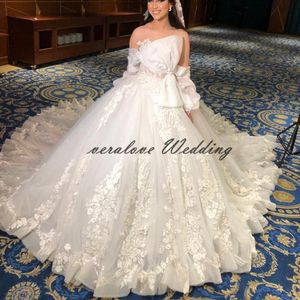 vestidos de novia Wedding Dress Ball Gown Sheer Neck Long Sleeves Lace Big Bow Bridal Gowns Arabic Aso Ebi Party Gowns