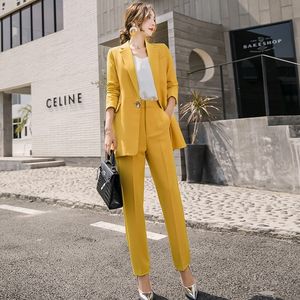 Frauen Kleidung Casual Solide Frauen Hose Anzüge Kerb Kragen Blazer Jacke Bleistift Hose Gelb Weibliche Anzug Herbst Hohe Qualität 201109