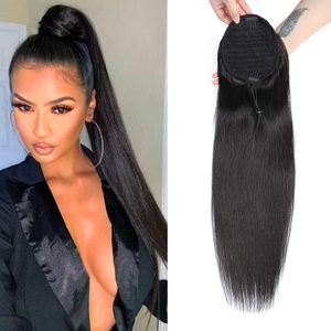 Long Straight Drawstring Human Hair Ponytail Natural Color Remy Hairpiece Clip In Hair Extension Ponytail for Women drawstring ponytail
