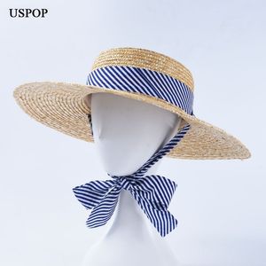 Uspop Women Sun State Женская натуральная пшеничная солома летние шляпы широкие шляпы с краном пляж Шляпая полосатая лента