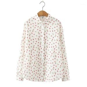 Biały kwiatowy druku bawełniane bluzki koszule kobiety ubrania 2021 jesień z długim rękawem Durndown Collar Preppy Style Damskie Koreański Top1