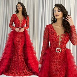 Elegant Red Long Sleeves Prom Dresses Lace Appliques Sash Evening Dress Custom Made Sheer Neck With Overskirts Celebrity Party Gown