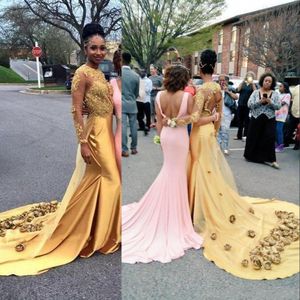 Gold Evening Dresses Wear Lace Appliques Crystal Beaded Long Sleeves Open Back Mermaid Floor Length With Flowers Formal Party Prom Gown 403