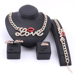 Hip Hop Fashion Style Luxury Rhinestone Lip Love Collar Necklace Bracelet Earring Ring With Silver Color Chain Jewelry Sets